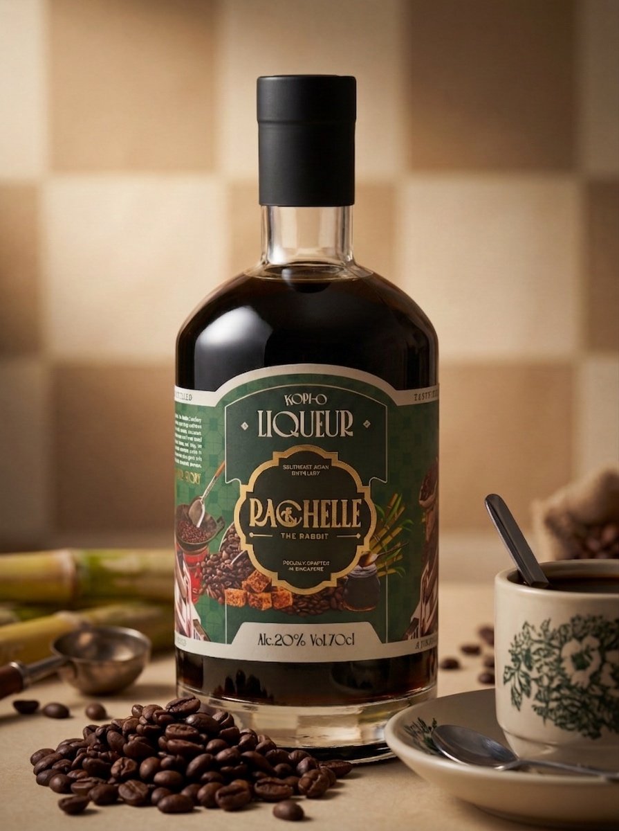 A bottle of Koplo liqueur with a dark liquid inside, surrounded by coffee beans, a spoon, bananas, and a cup of coffee, on a beige surface with a blurred tiled background.