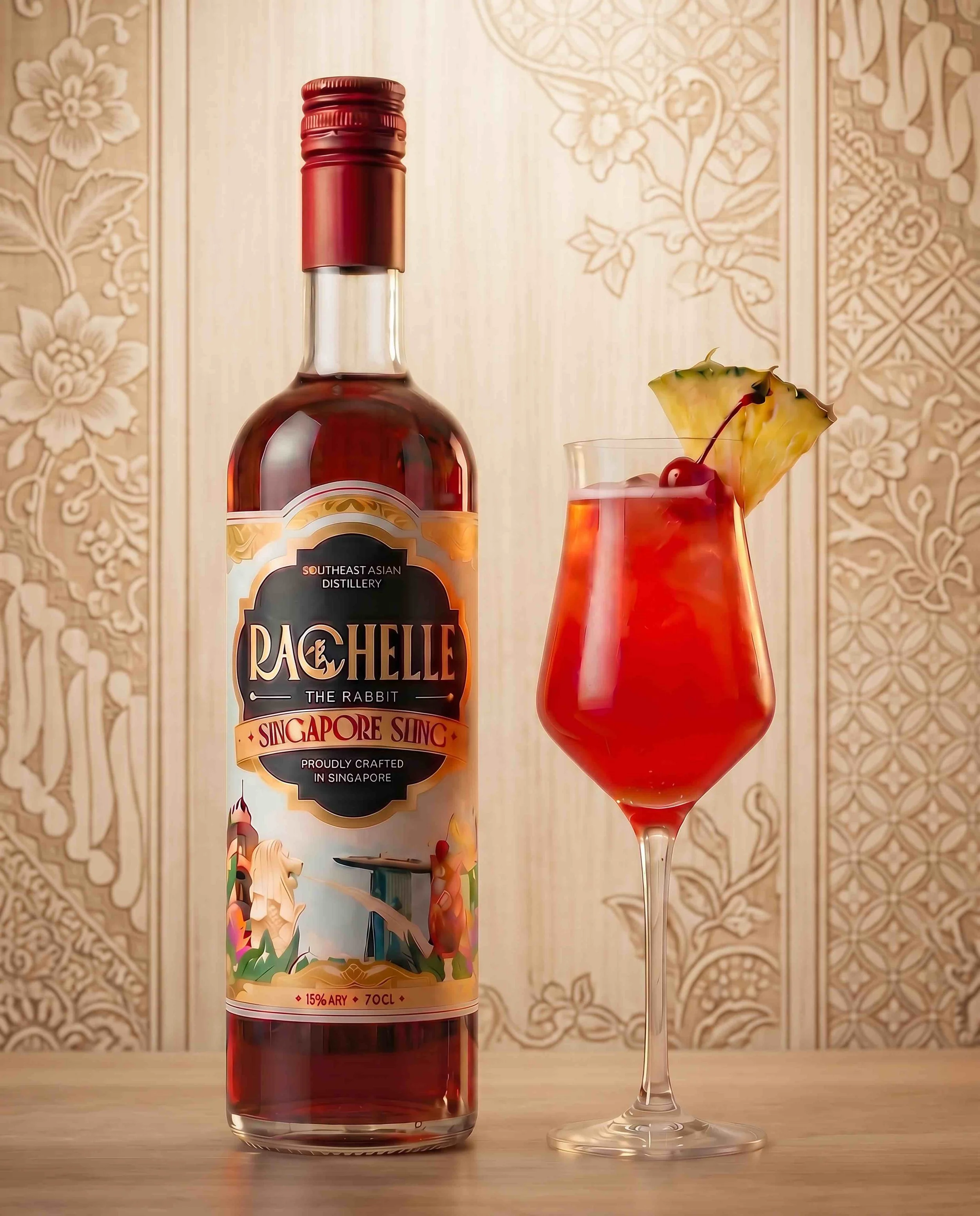 A bottle of Southeast Asian distillery Laguille, attributed as Singapore Single, next to a cocktail in a tall glass garnished with a pineapple slice and a cherry, set on a wooden surface with a decorative patterned background.