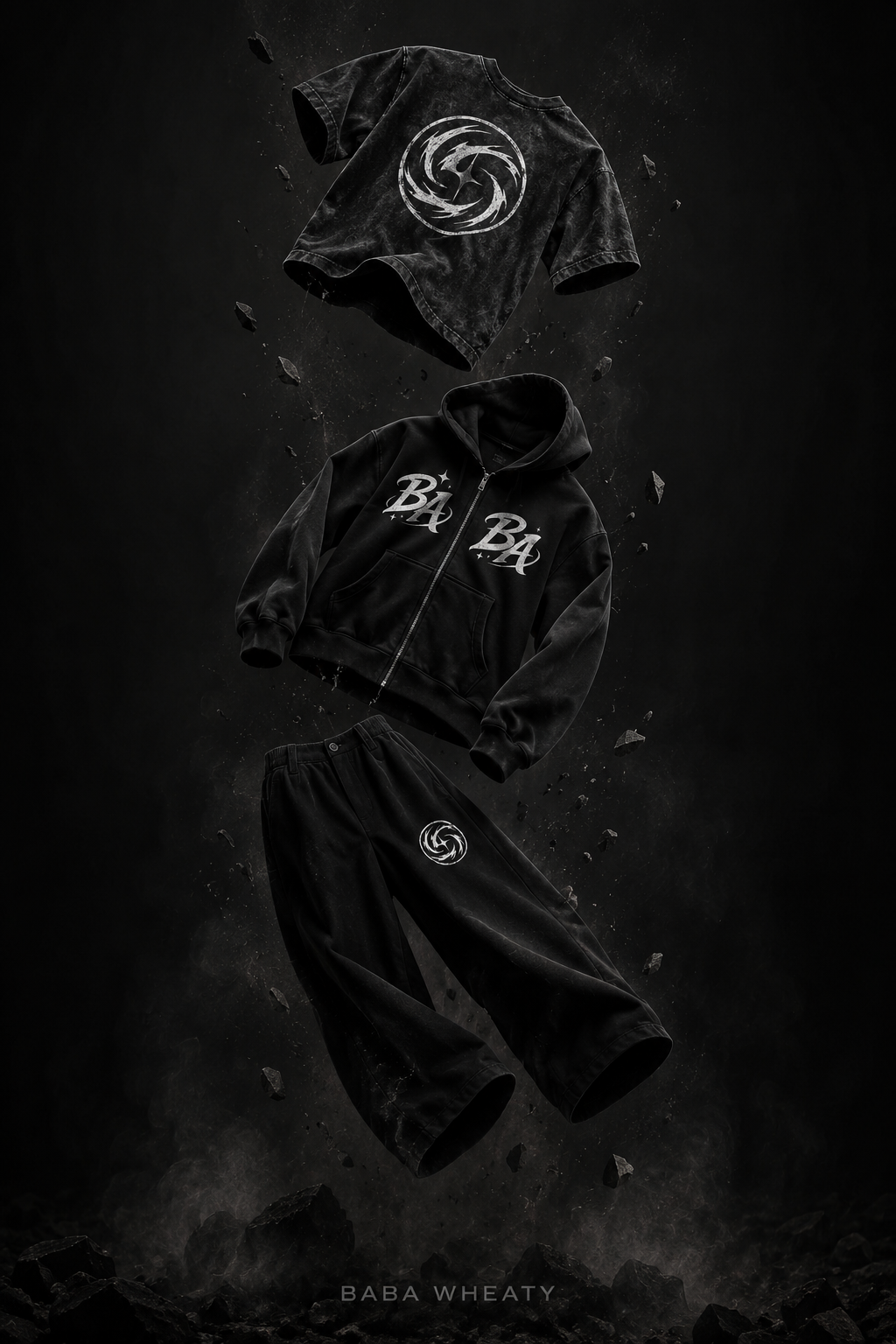 A black hoodie with a white logo on the chest, black sweatpants with a similar logo, and a black T-shirt with a white circular logo, all floating against a dark background with rocks and debris.
