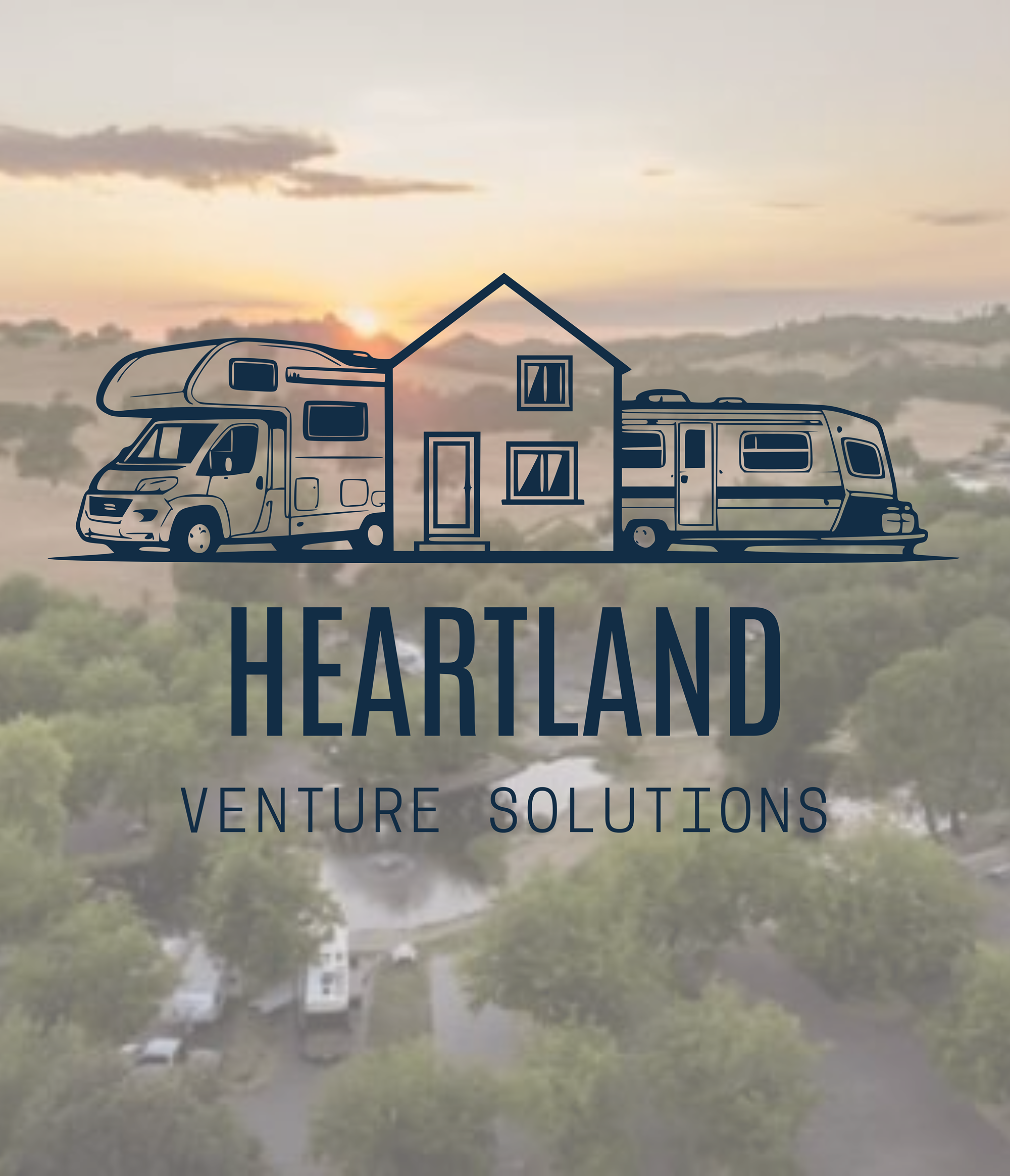 Logo for Heartland Venture Solutions with outline illustrations of a motorhome, cabin, and single-door RV set against a sunrise or sunset over a landscape with trees and water