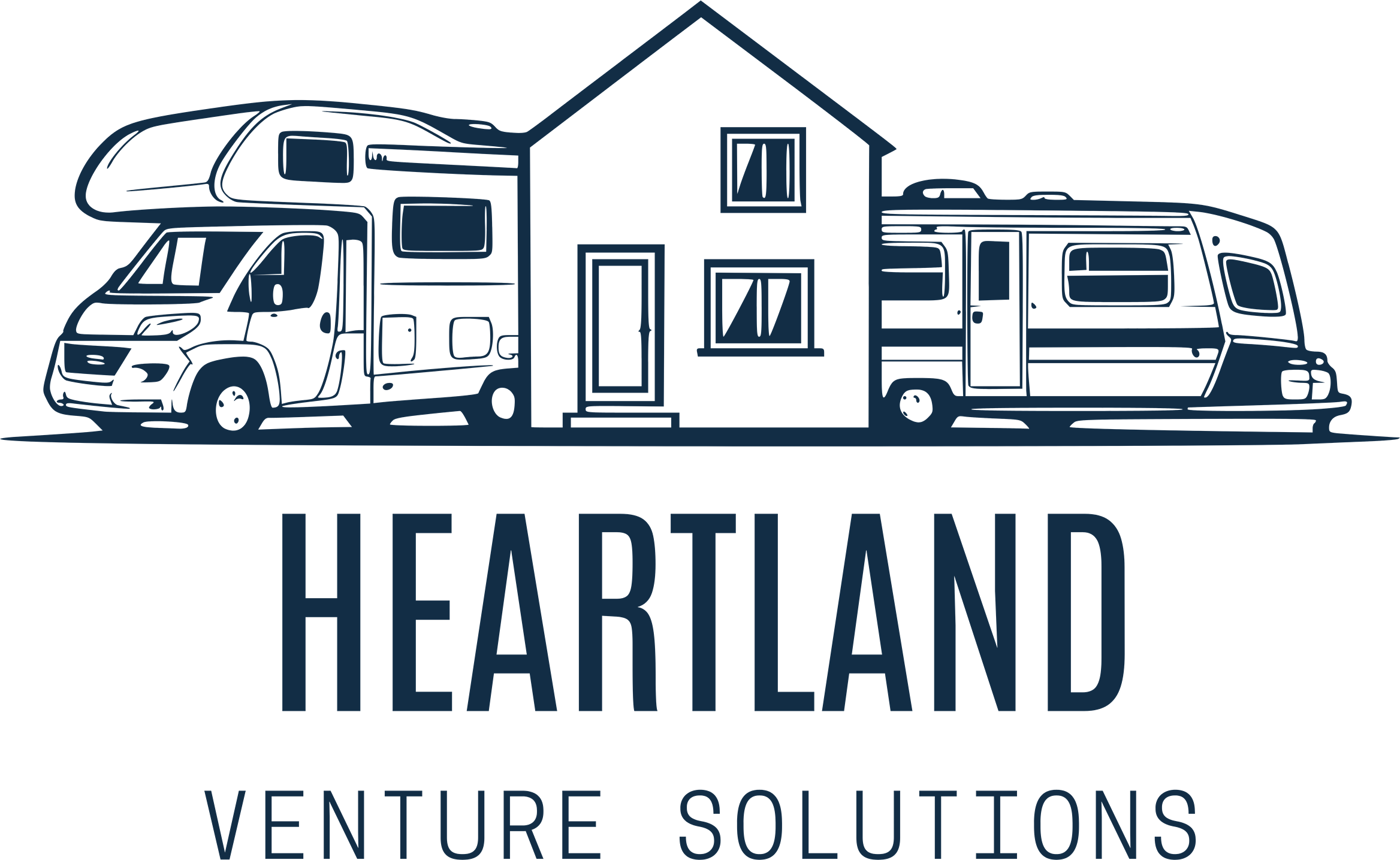 A logo for Heatherland Venture Solutions featuring a house with three recreational vehicles parked around it.