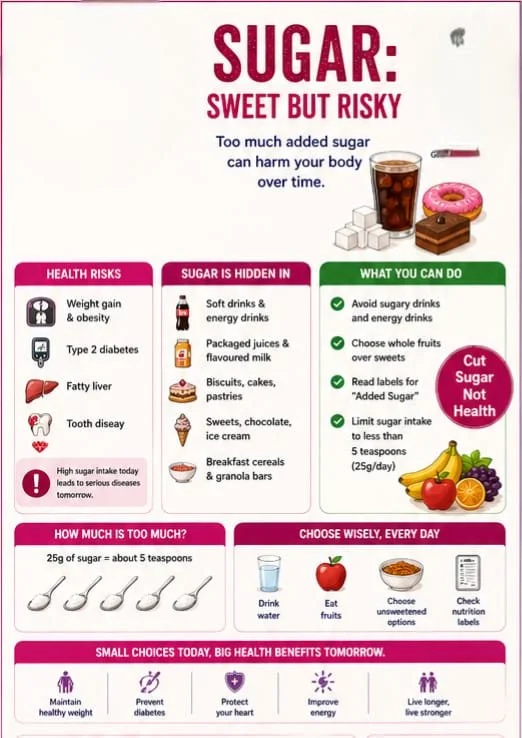 Infographic about sugar consumption highlighting health risks and tips to reduce sugar intake. Contains sections on hidden sugar sources, health risks, recommended actions, and daily sugar limits. Includes illustrations of sugary drinks, desserts, fr