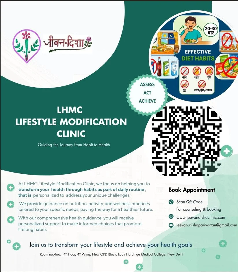 Flyer for LHMC Lifestyle Modification Clinic promoting health through habit change, featuring a QR code, contact info, and illustrations of healthy and unhealthy foods.