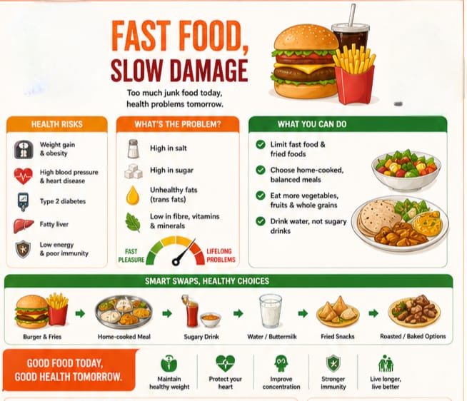 An infographic about fast food and health. It highlights health risks like weight gain, high blood pressure, and type 2 diabetes. It explains problems like high salt and sugar, unhealthy fats, and low vitamins. It suggests reducing fast food, choosin