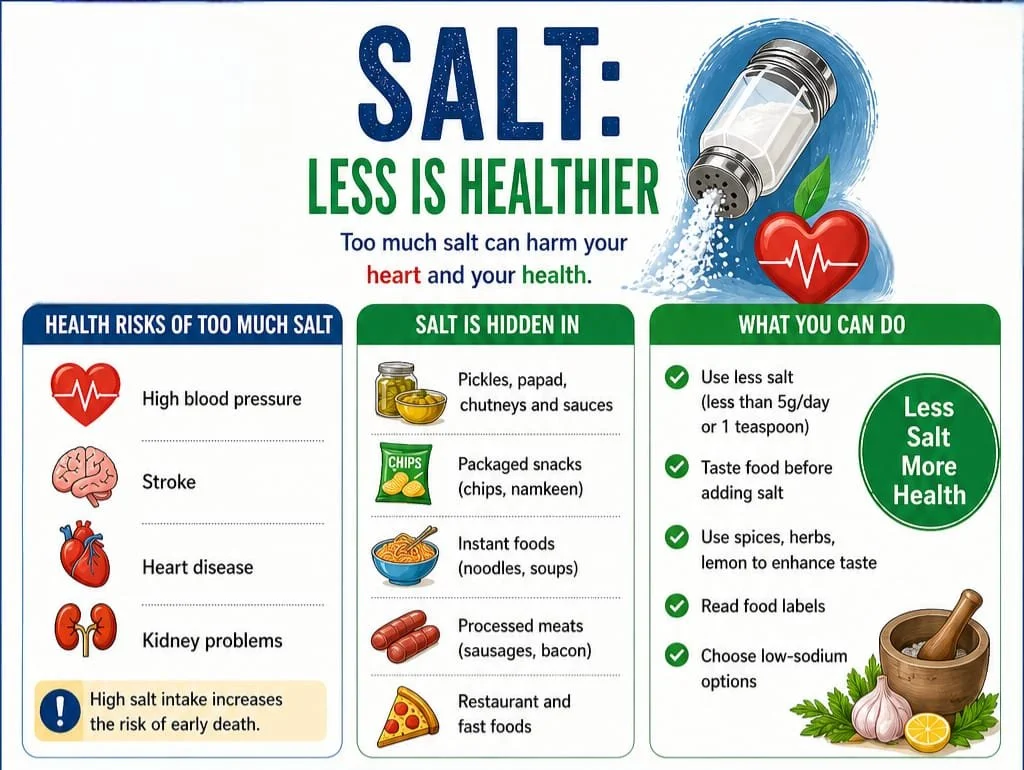 Informational graphic about salt intake showing health risks of too much salt, hidden sources of salt, and tips for reducing salt consumption, including using less salt and reading food labels.