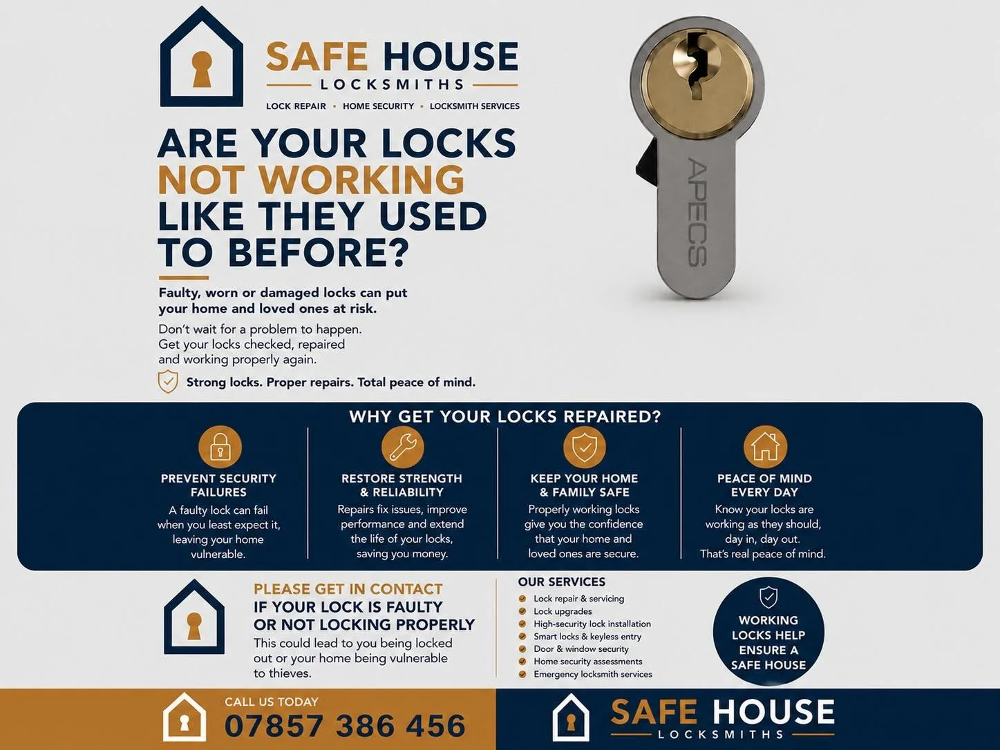 Repair today your lock may fail on you when your least expecting it! This may save you from being locked out or failing needing replacement. One small repair can make big difference if you are having trouble opening or locking your doors.