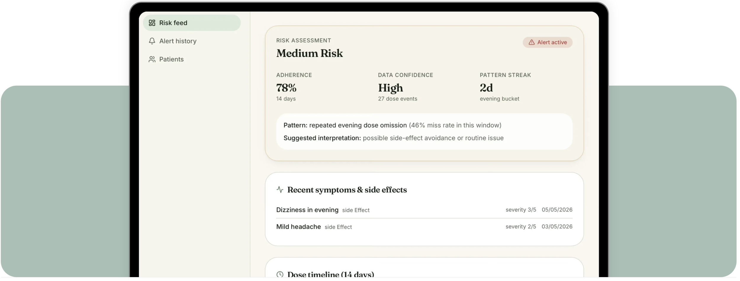 A digital health application showing a risk assessment report on a tablet screen. The report indicates a medium risk level with high data confidence and a pattern of repeated evening dose omission. The section also lists recent symptoms such as dizziness in the evening and mild headache, along with their severity and dates.