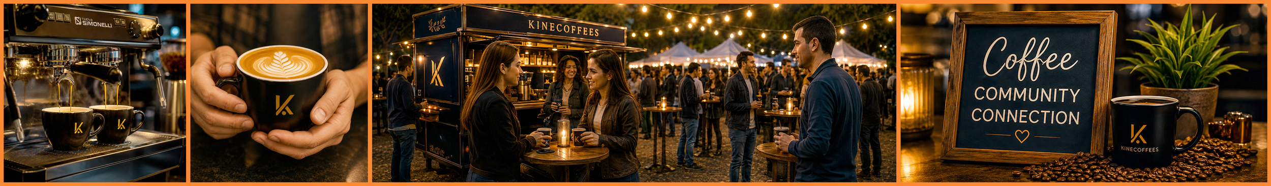 Escena en una feria de café con una máquina de espresso, tazas con café latte, un puesto de café Kinecoffees, varias personas conversando, y un cartel que dice 'Coffee Community Connection'.