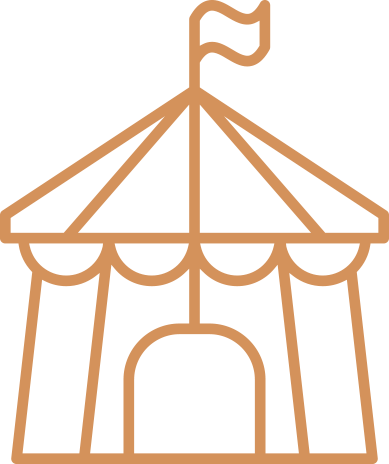 Ilustración de una carpa de circo con bandera en la cima, en estilo minimalista y de línea.