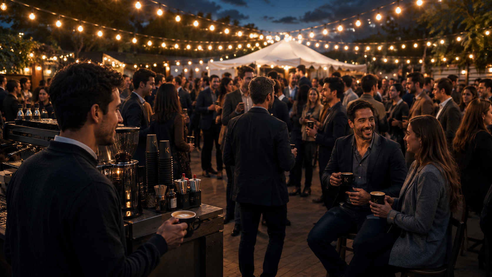 Personas en una fiesta al aire libre de noche, con luces colgantes, conversando, disfrutando de bebidas y socializando.