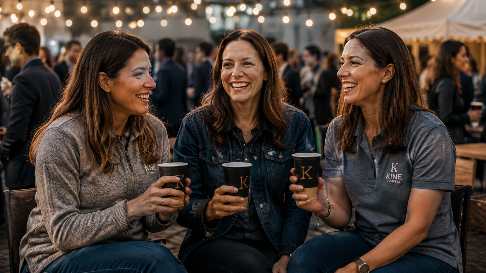 Tres mujeres sonriendo y conversando, sosteniendo tazas de café en un evento al aire libre con luces de fondo.