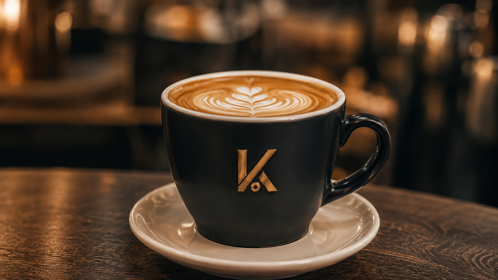 Taza negra con logo dorado de una K y un punto debajo, con café latte con arte en la espuma, sobre una taza blanca en una mesa de madera en un ambiente de cafetería cálido y oscuro.