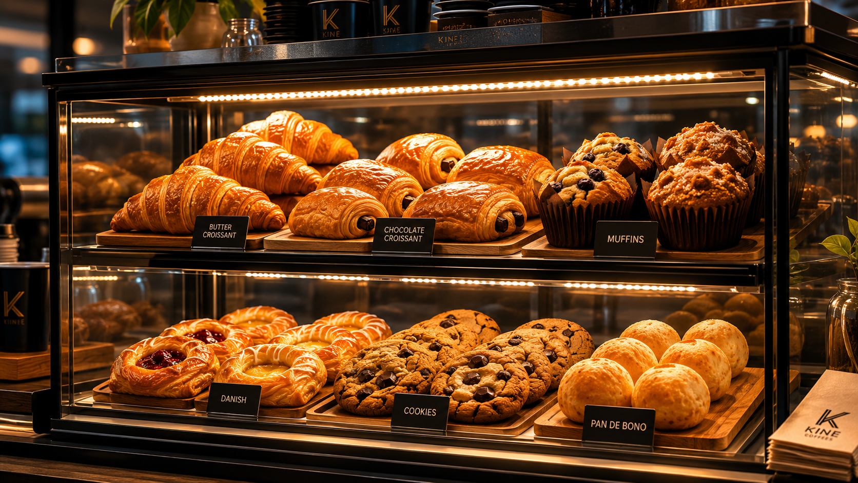 Pasteles de panadería en una vitrina exhibidora con etiquetas que indican croissants de mantequilla y de chocolate, muffins, croissants daneses, galletas con chispas de chocolate y pan de bono.