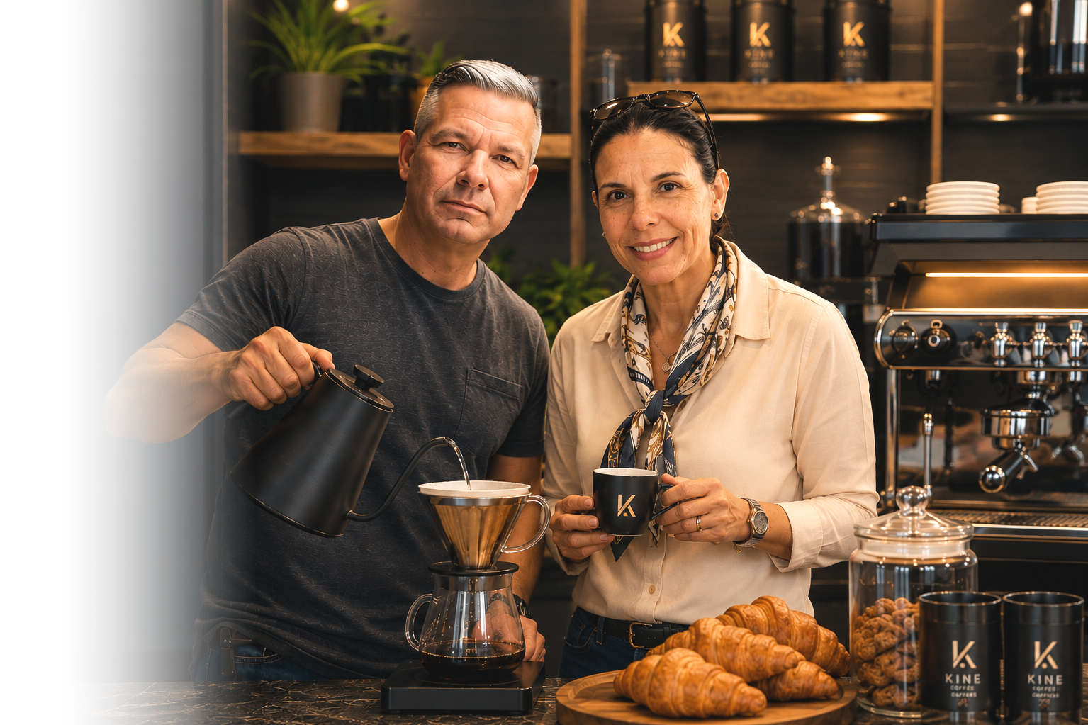 Un hombre y una mujer en una cafetería, preparando y sirviendo café, con croissants sobre la mesa.