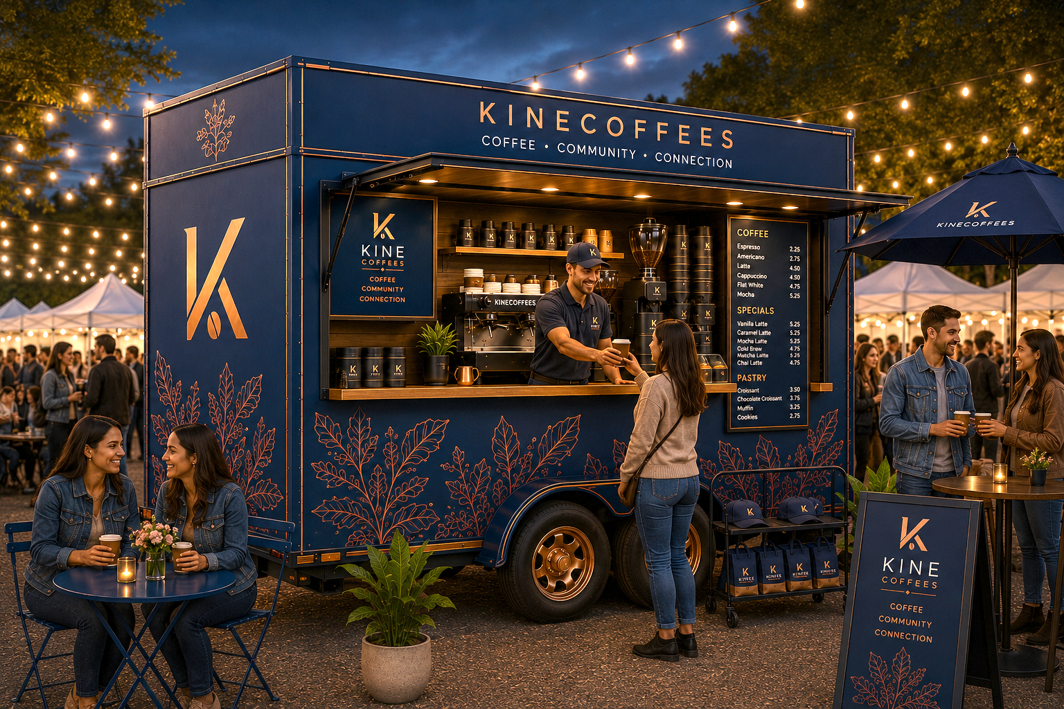 Un puesto de café móvil de Kinecoffees en una feria al atardecer con personas disfrutando de café, decorado en color azul con luces y plantas.