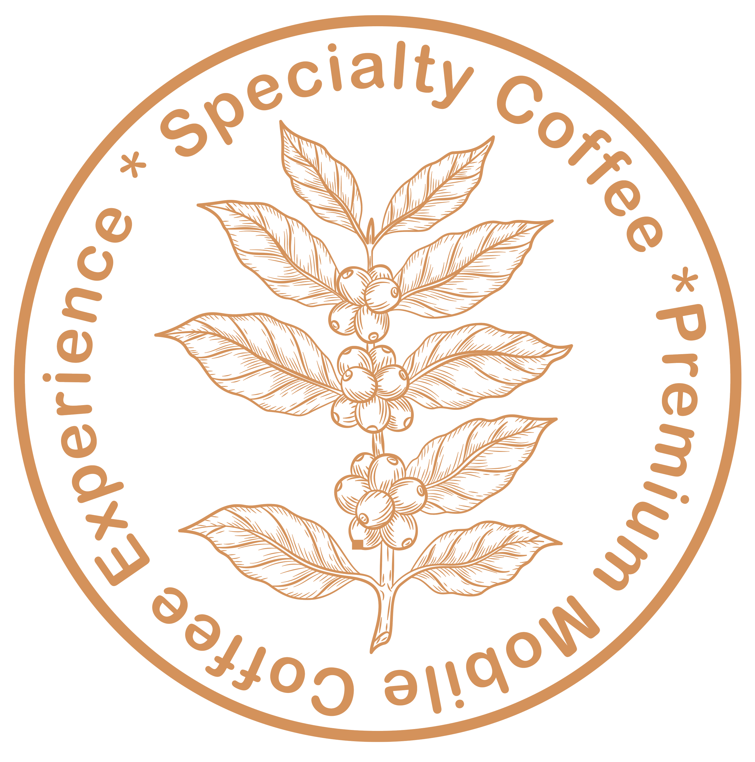 Logotipo circular de color marrón que tiene un diseño de una planta con hojas y pequeñas frutas, y alrededor del borde dice 'specialty coffee' y 'the best quality' en letras mayúsculas.