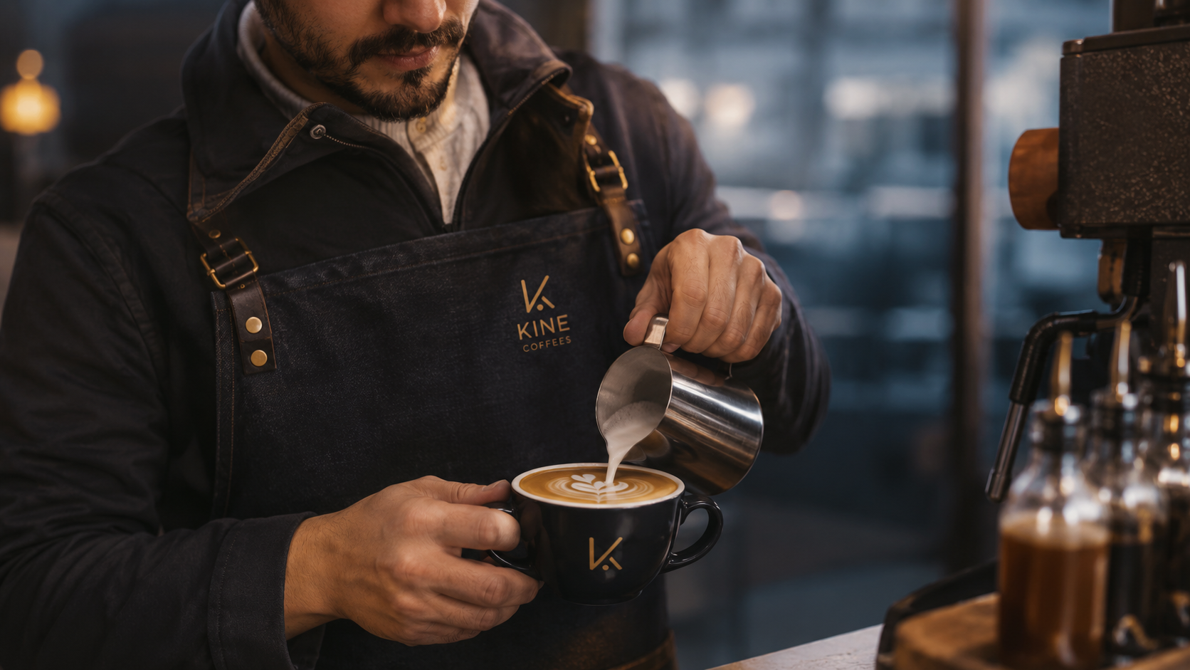 Barista sirviendo leche vaporizada con arte en un café.