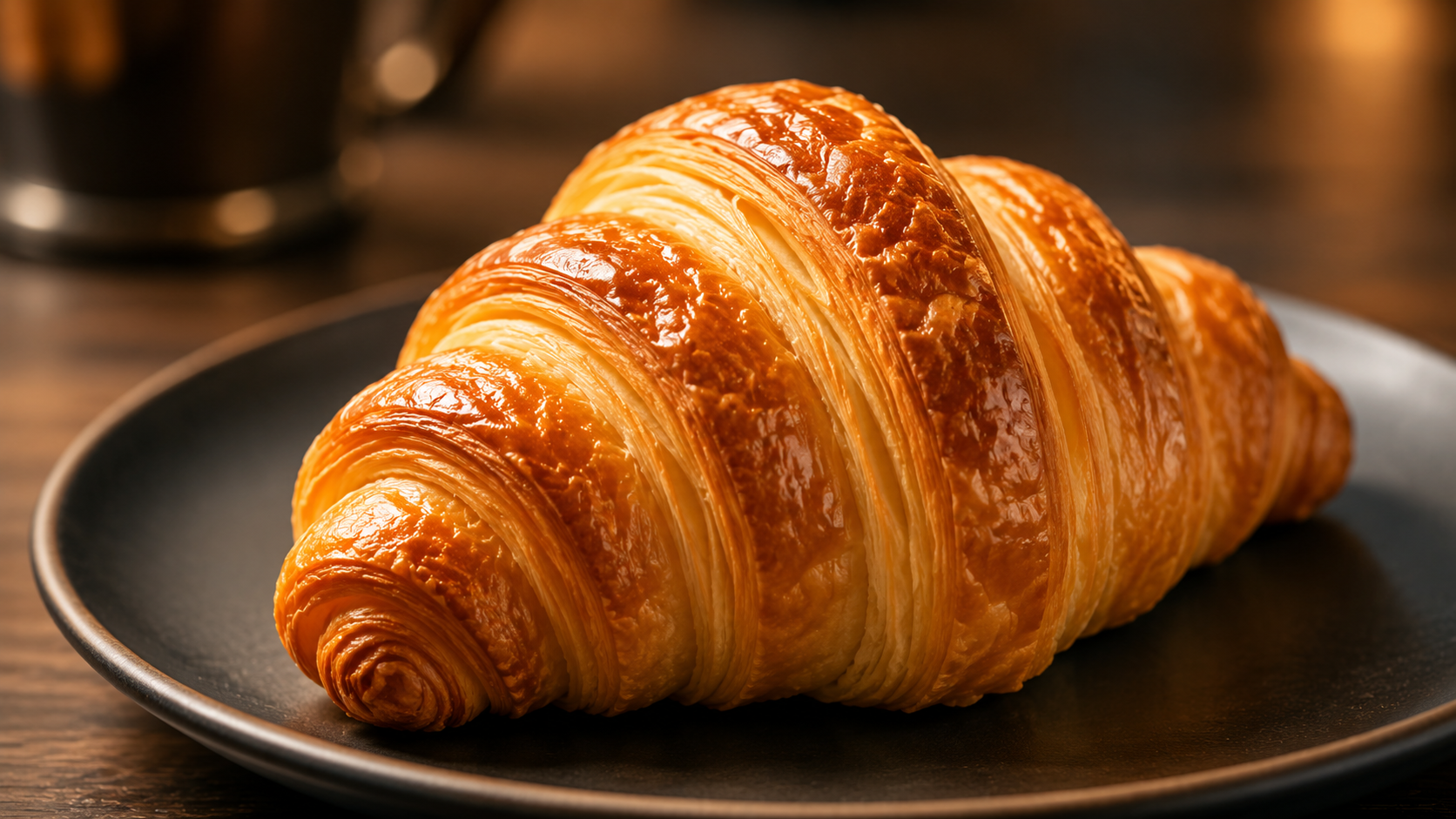 Croissant de mantequilla dorada en un plato negro sobre una mesa de madera.
