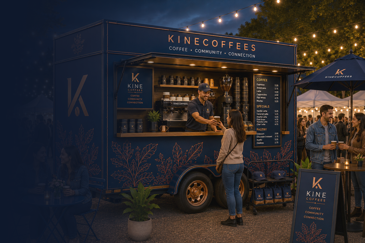 Carro de comida de café llamado Kine Coffees en un evento al aire libre durante la noche, con clientes ordenando y socializando, decoraciones con luces y plantas.