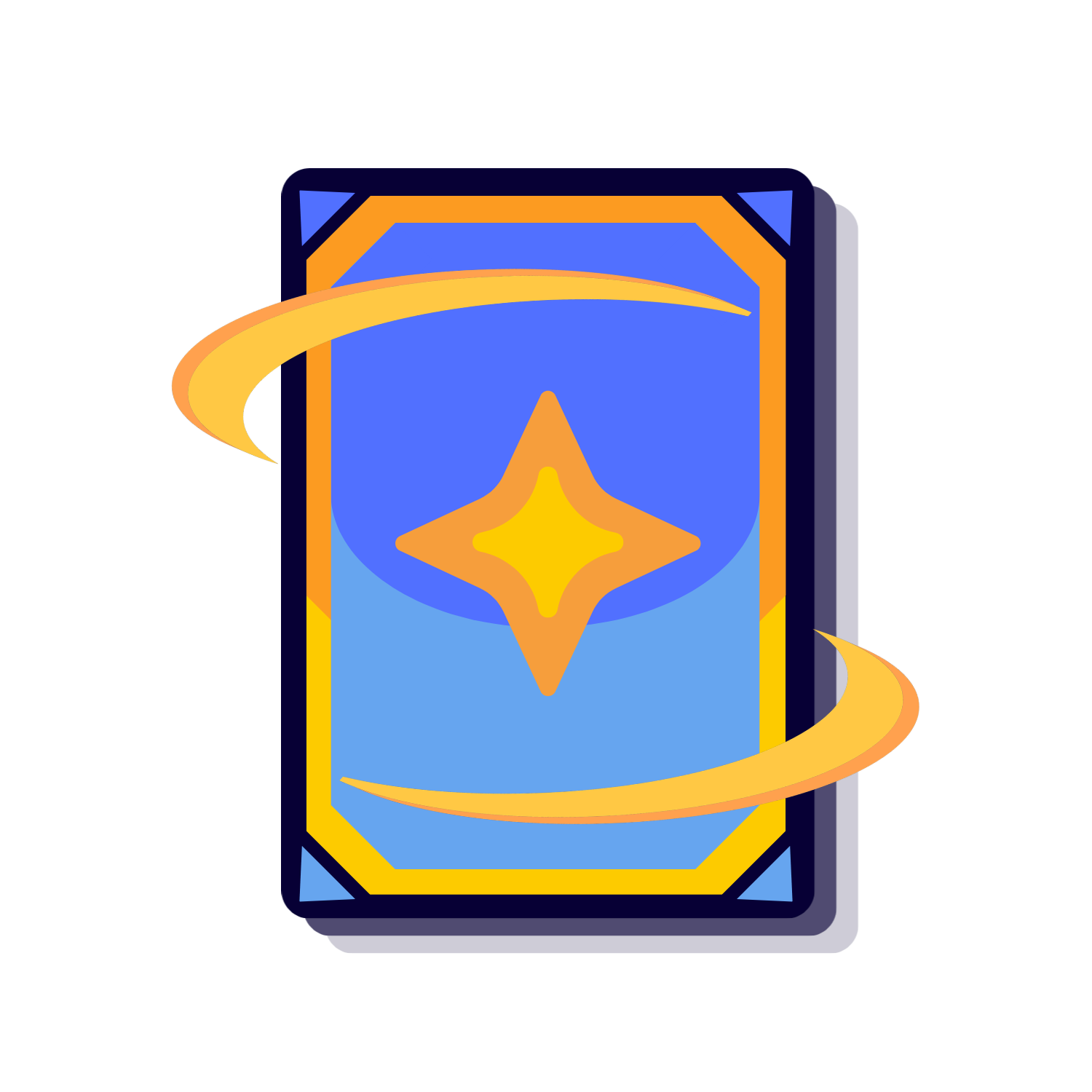 Stylized illustration of a pack of trading cards with a cosmic or sci-fi theme, featuring a yellow star-shaped emblem on a blue background, encased in a black border with orange and yellow accents, wrapped with a yellow ribbon.