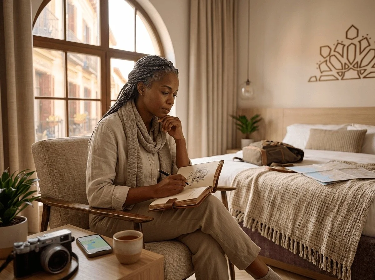 Solo traveler reading by window of a private hostel room with an en-suite bathroom in Madrid