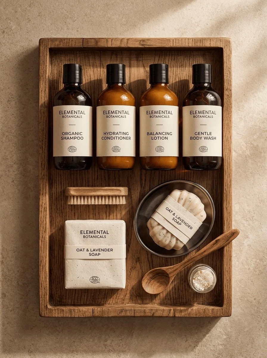 Flat lay of curated toiletries set on wooden tray, natural organic products, minimalist packaging, soap, shampoo, conditioner, lotion, warm natural light, professional product photography showcasing boutique hospitality amenities.jpeg