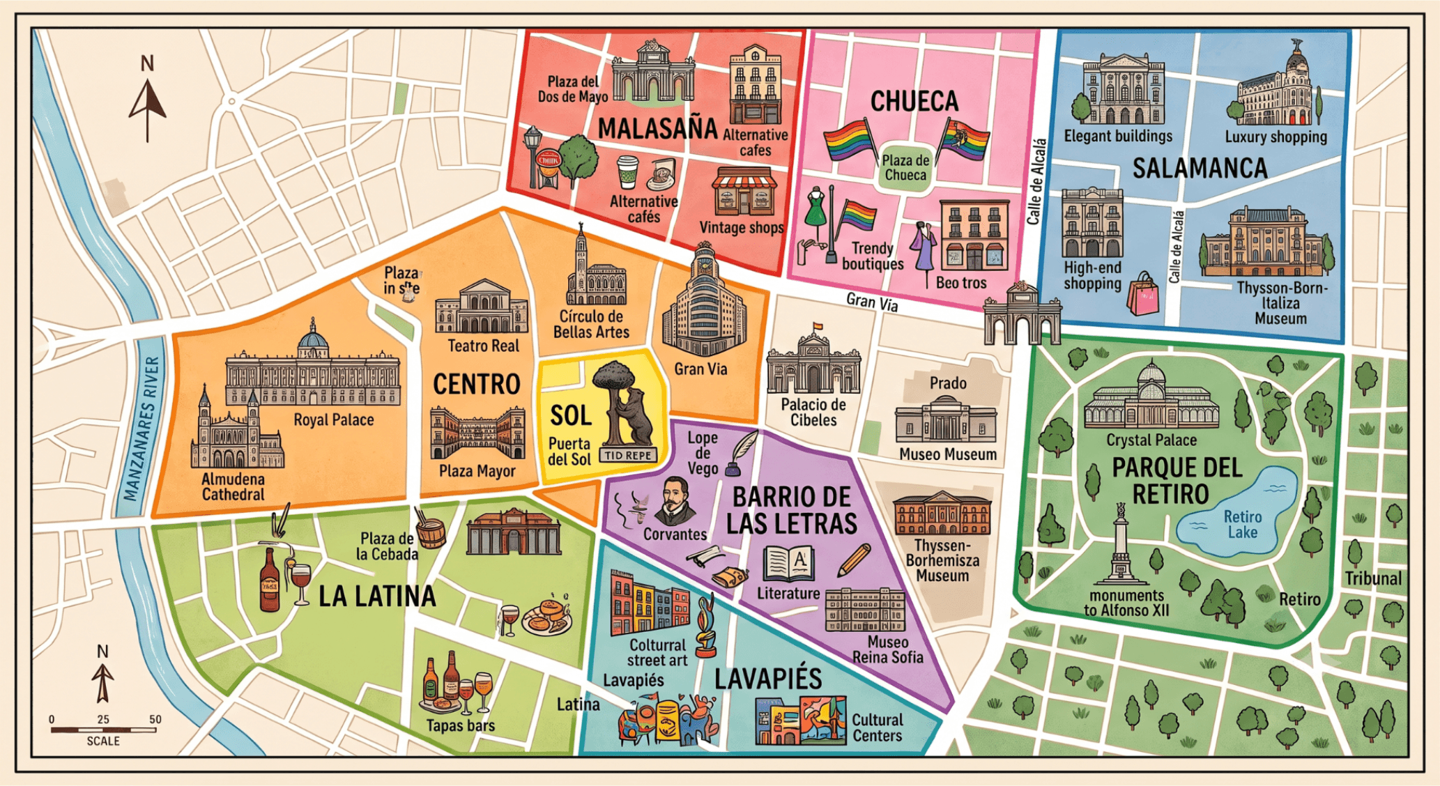 color coordinated map of Madrid Neighborhoods with landmarks, main streets and cultural elements
