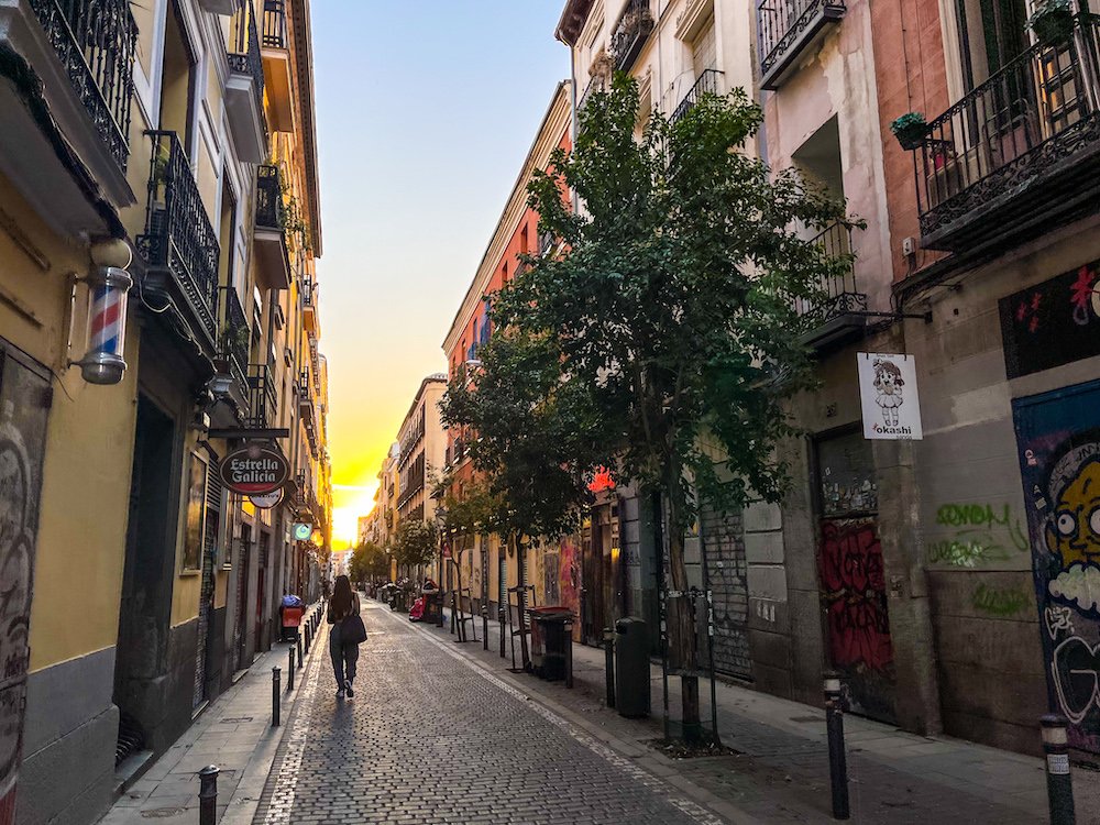quiet and peaceful Madrid street at twilight