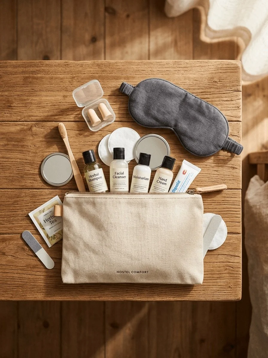 Flat lay of thoughtful vanity kit with earplugs, eye mask, travel-size essentials, organized in small pouch on wooden surface, warm natural light, professional product photography showcasing hostel comfort amenities.jpeg