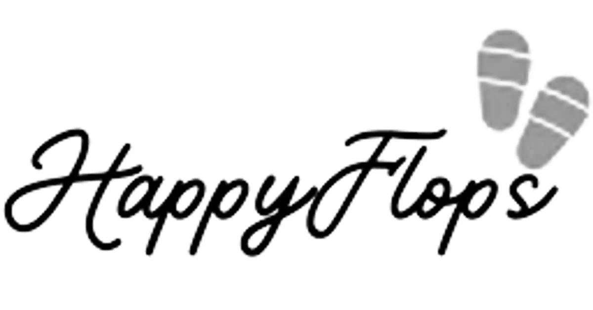 The phrase "Happy Flops" written in black cursive font with two gray baby footprints in the upper right corner.