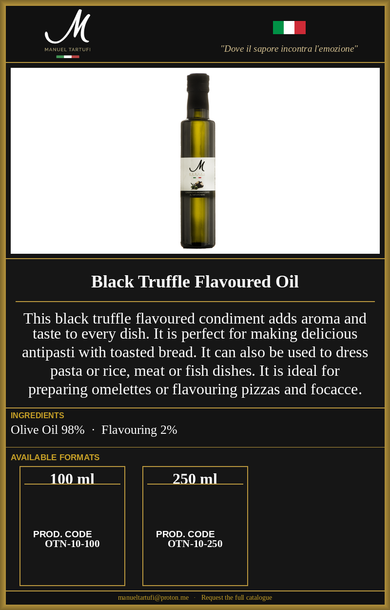 Manuel Tartufi - Black Truffle Flavoured Oil - Premium Truffle Condiment