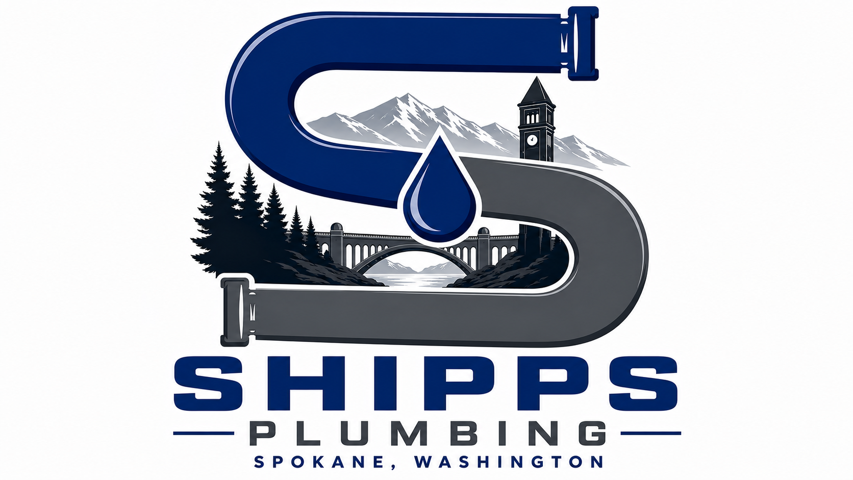 Logo for Shipps Plumbing from Spokane, Washington, featuring stylized mountains, trees, a river, a bridge, a clock tower, and a water droplet integrated into a large letter S.