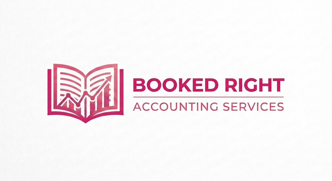 Logo with a book and rising arrow, with the text 'Booked Right' and 'Accounting Services'