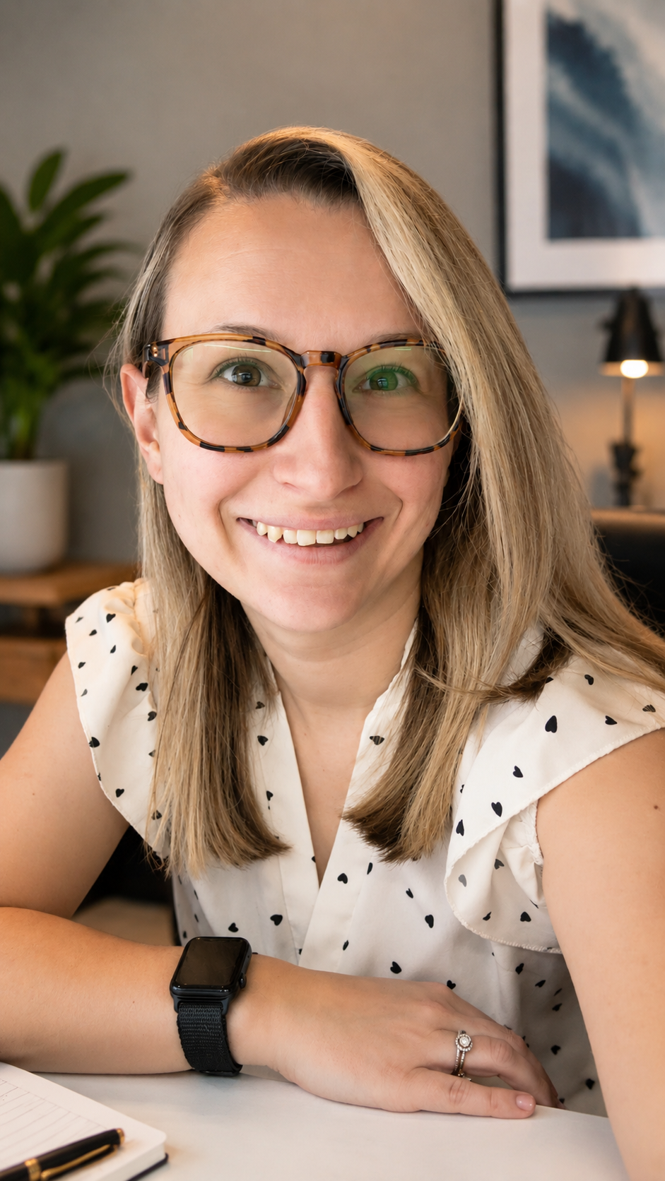 A woman with blond hair wearing glasses, a polka-dot blouse, and an Apple Watch, smiling at the camera in a cozy indoor setting with plants and artwork in the background.