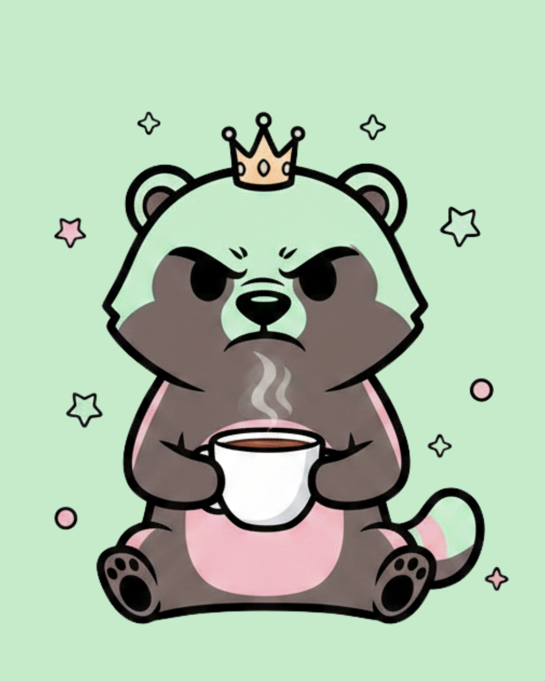 A cute cartoon raccoon with a frustrated expression, wearing a pink apron, holding a steaming cup of tea or coffee, with a small crown on its head and surrounded by colorful stars and dots on a light green background.