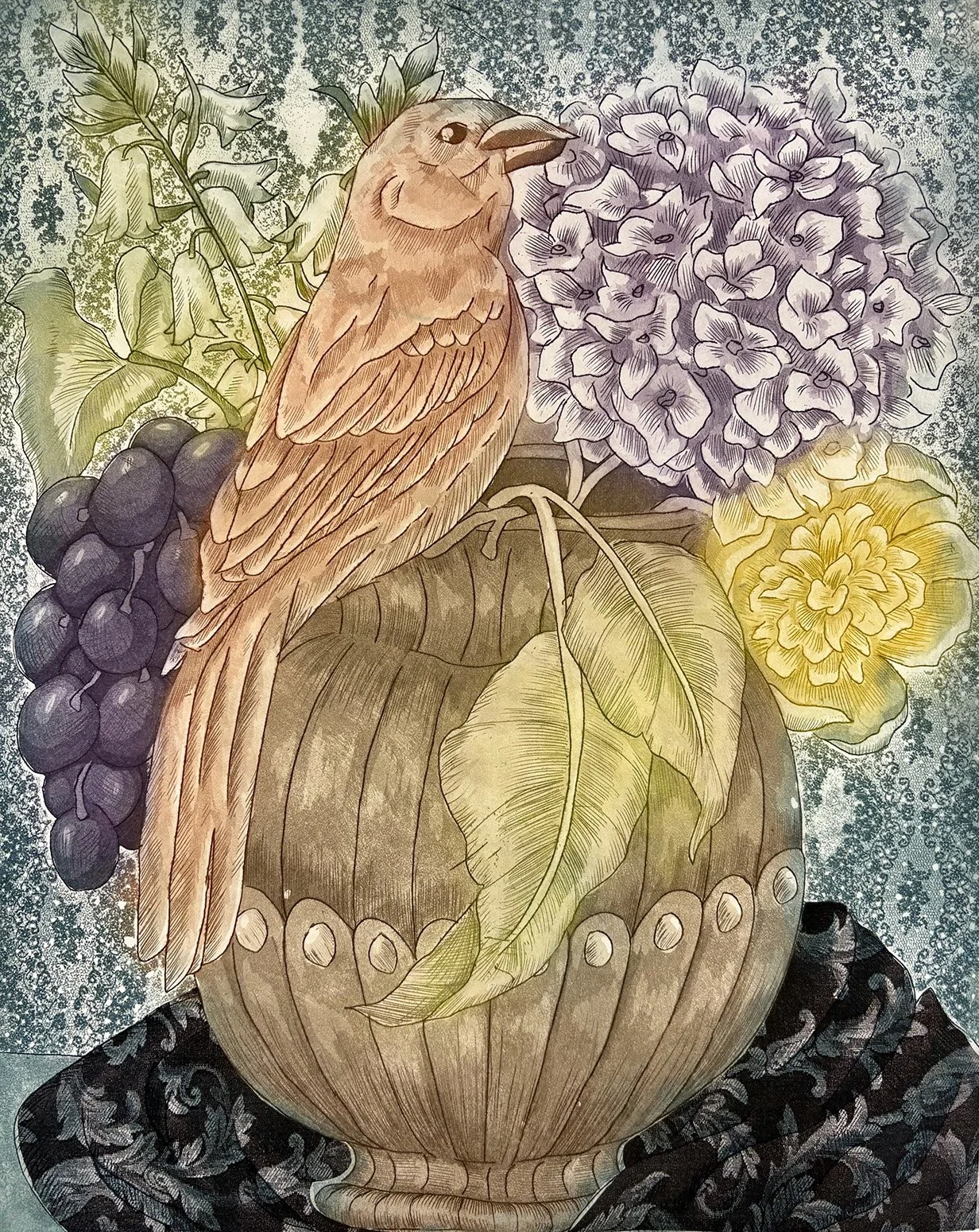Finch and Flowers, 12" x 15" 2025