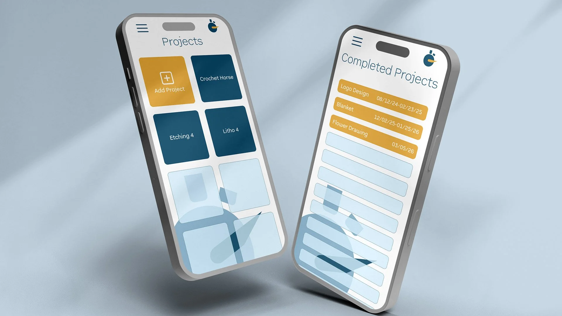 Two smartphones displaying project management apps; one shows ongoing projects with blue and yellow blocks labeled with project names, and the other shows completed projects with dates and task details.