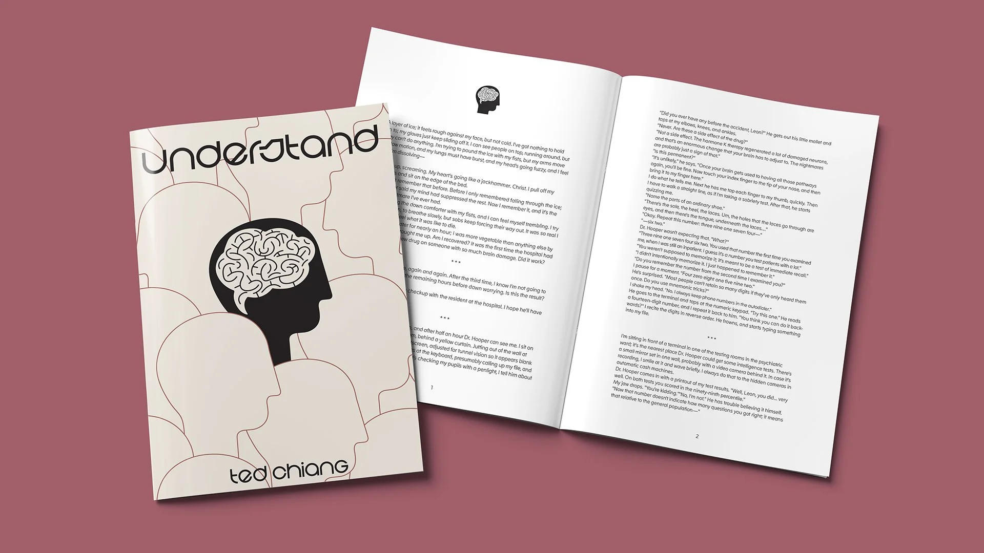 Open book titled 'Understanding' with illustrations of human heads with brains and anonymous line drawings of heads on pink background.