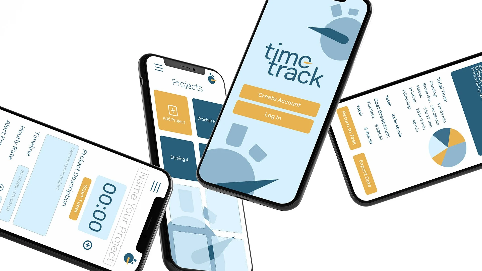 Multiple smartphones displaying a project management app called 'Time Track', with screens showing project lists, time tracking graphs, and data export options.