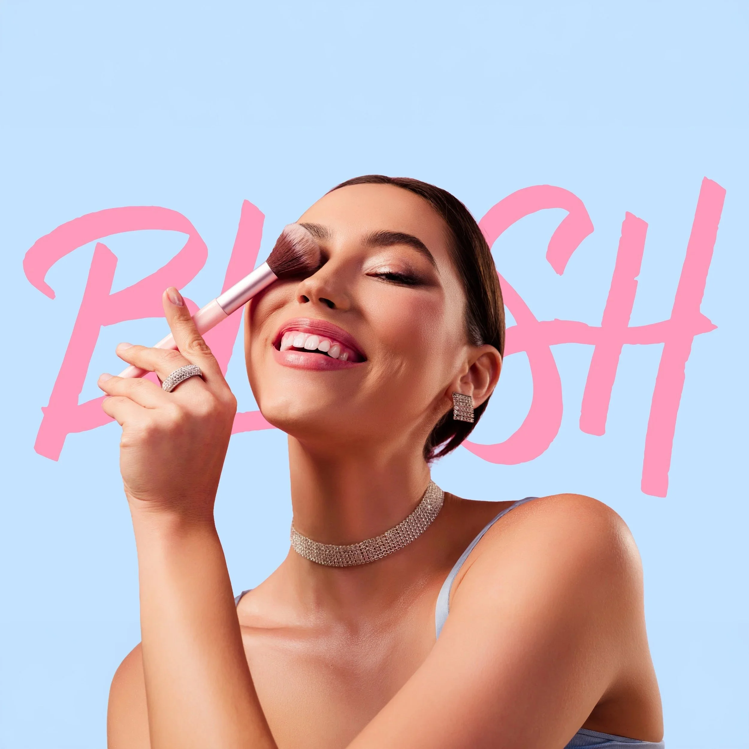 A woman smiling with eyes closed, applying makeup with a brush on her cheek, wearing a sparkling choker and earrings, against a light blue background with pink text.