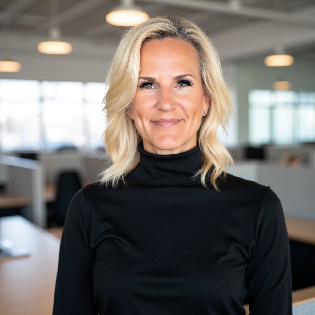 A blonde woman in a black turtleneck smiling in an office setting with large windows and modern lighting.