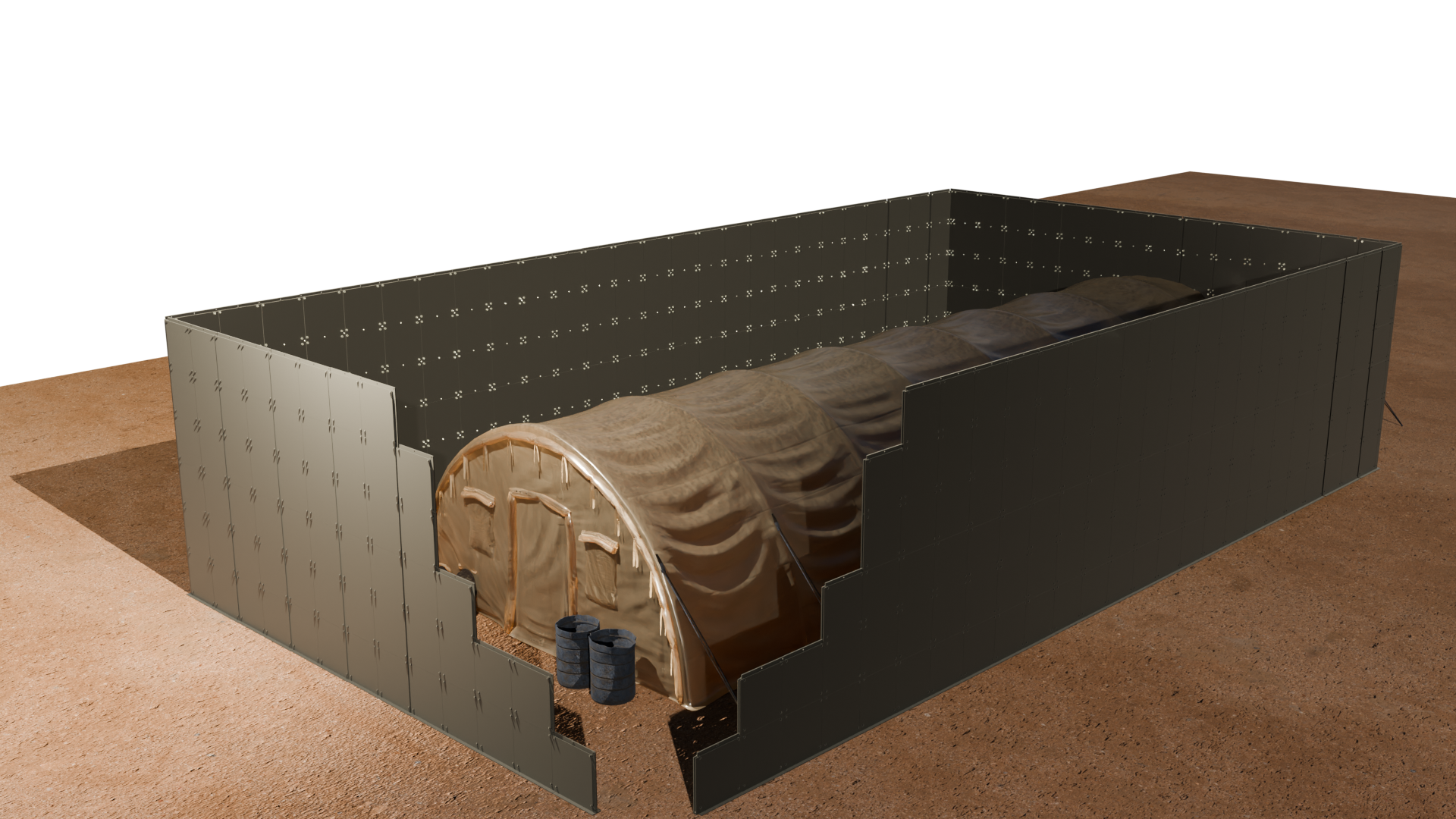 A large, rectangular, dark-colored underground structure with a curved, beige cover at one end, situated on a dirt surface.