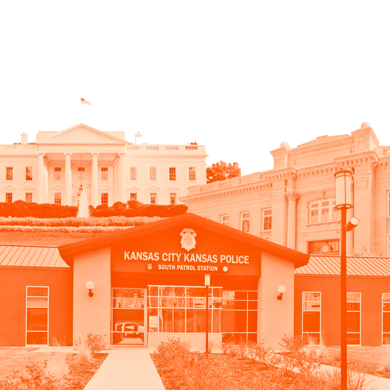 The image shows the Kansas City Kansas Police South Patrol Station in the foreground with the Kansas State Capitol building visible in the background, including the flag and trees around.