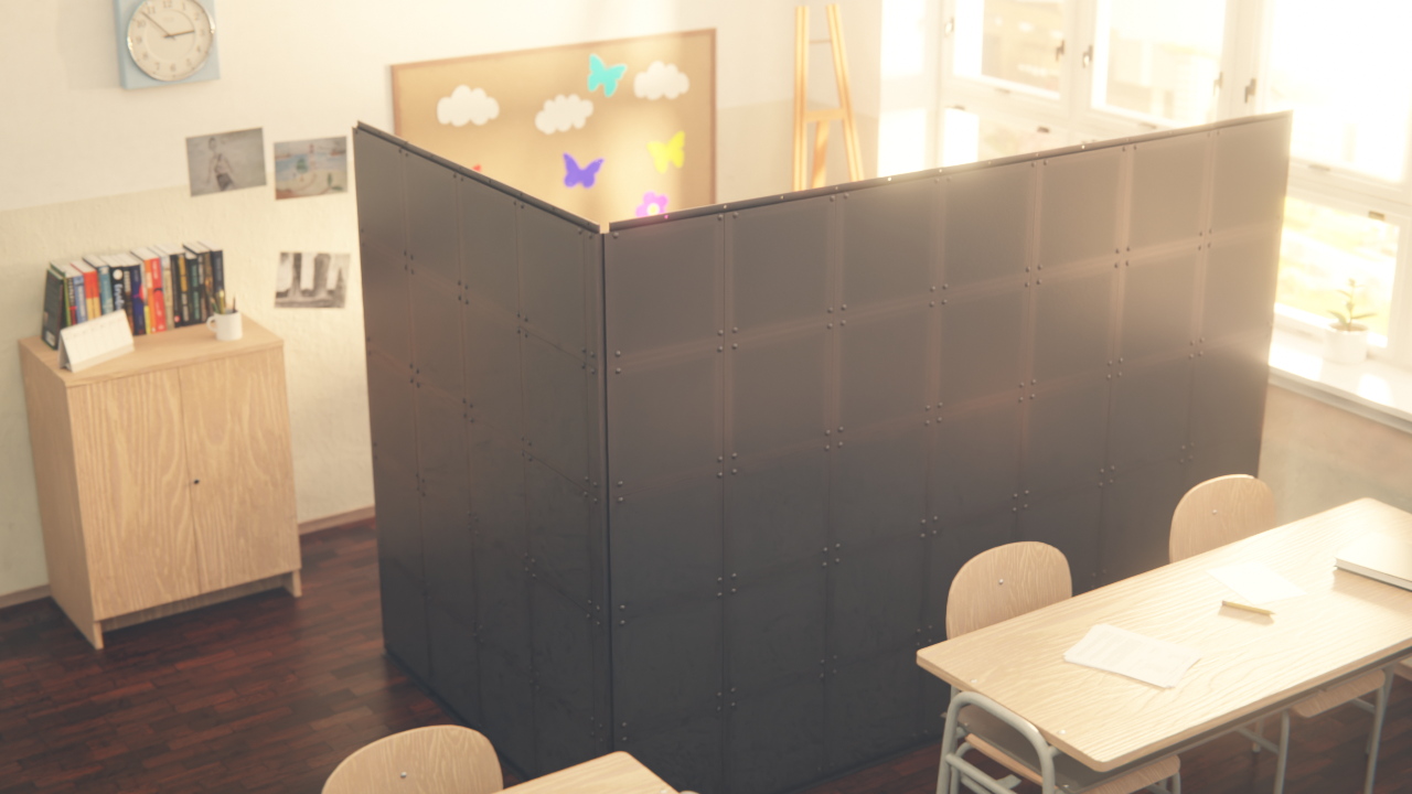 A classroom with wooden tables and chairs, a black privacy divider, a wall decorated with clouds and butterfly cutouts, a bookshelf, a clock, and a window with sunlight and a small potted plant.