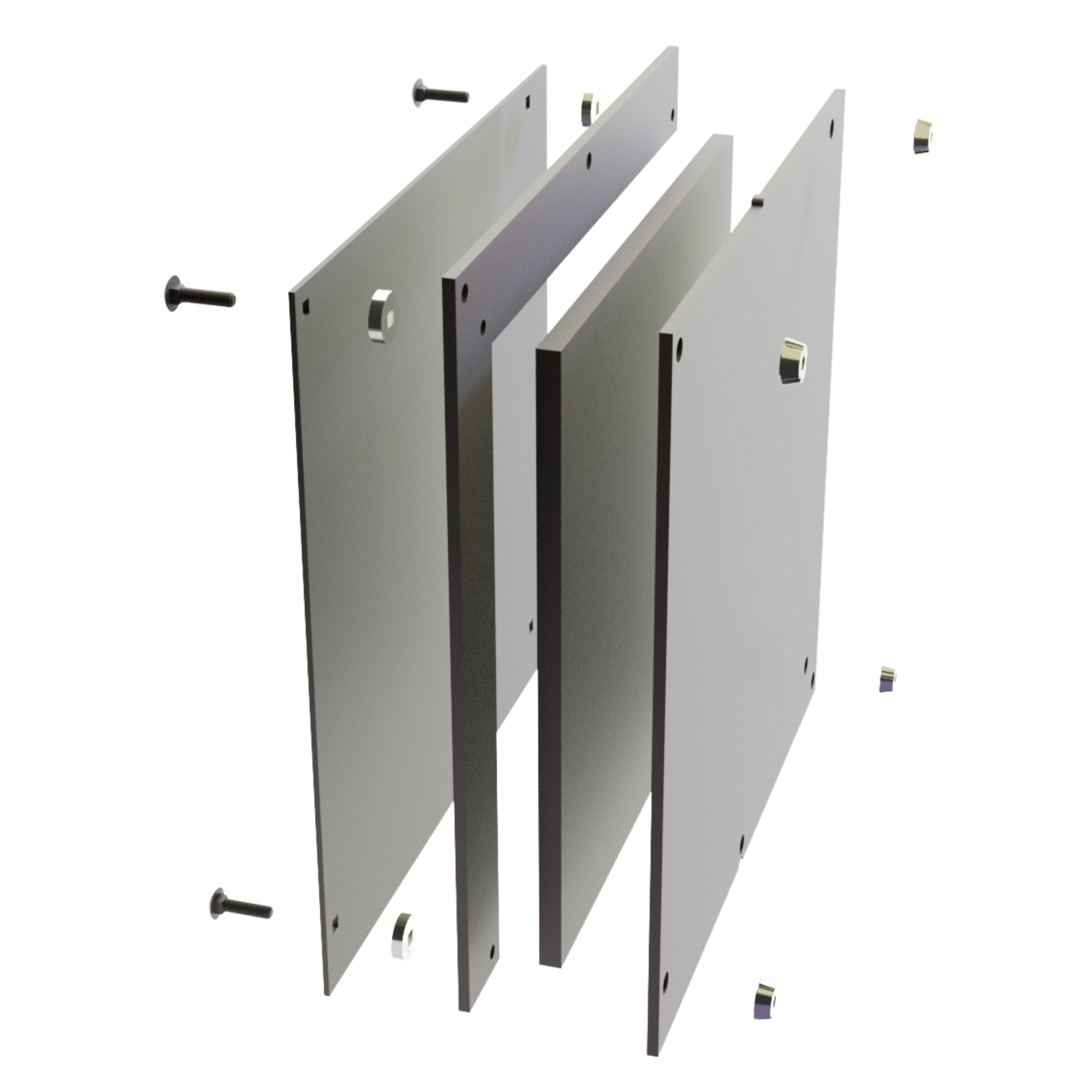 A disassembled metal electronic device with multiple metal brackets, screws, and components arranged in an exploded view.