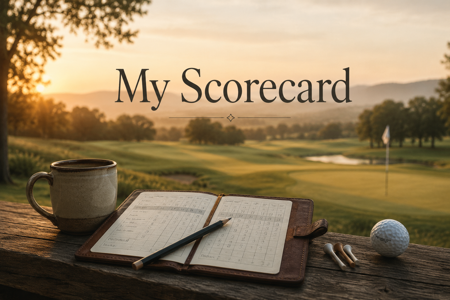 Golf scorecard, coffee mug, golf ball, and golf tees on a wooden table overlooking a golf course at sunset.