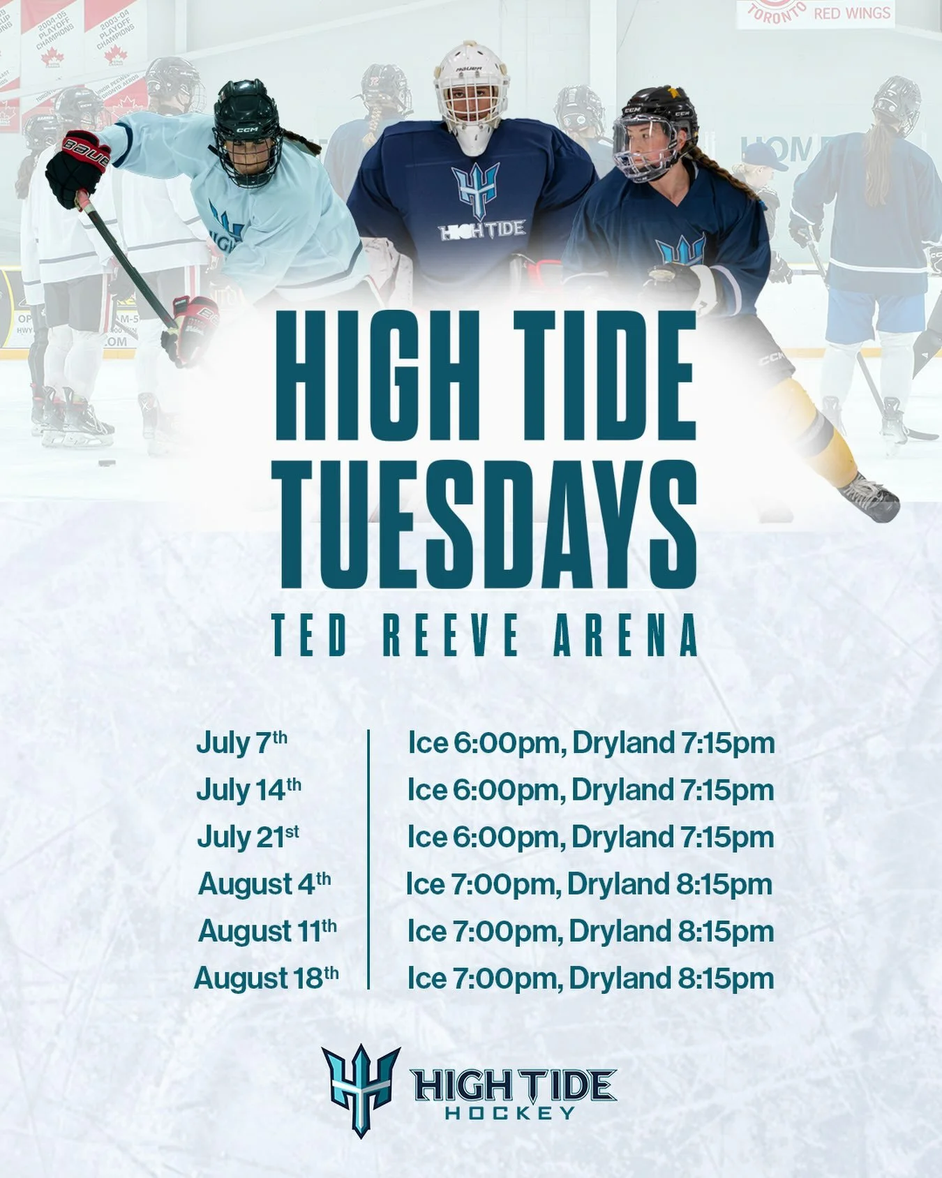 High Tide Hockey will be running skates and hockey-specific dryland sessions this summer at Ted Reeve Arena beginning this Tuesday! 

With a couple spots left in our July sessions, interested athletes and families are encouraged to reach out via DM o