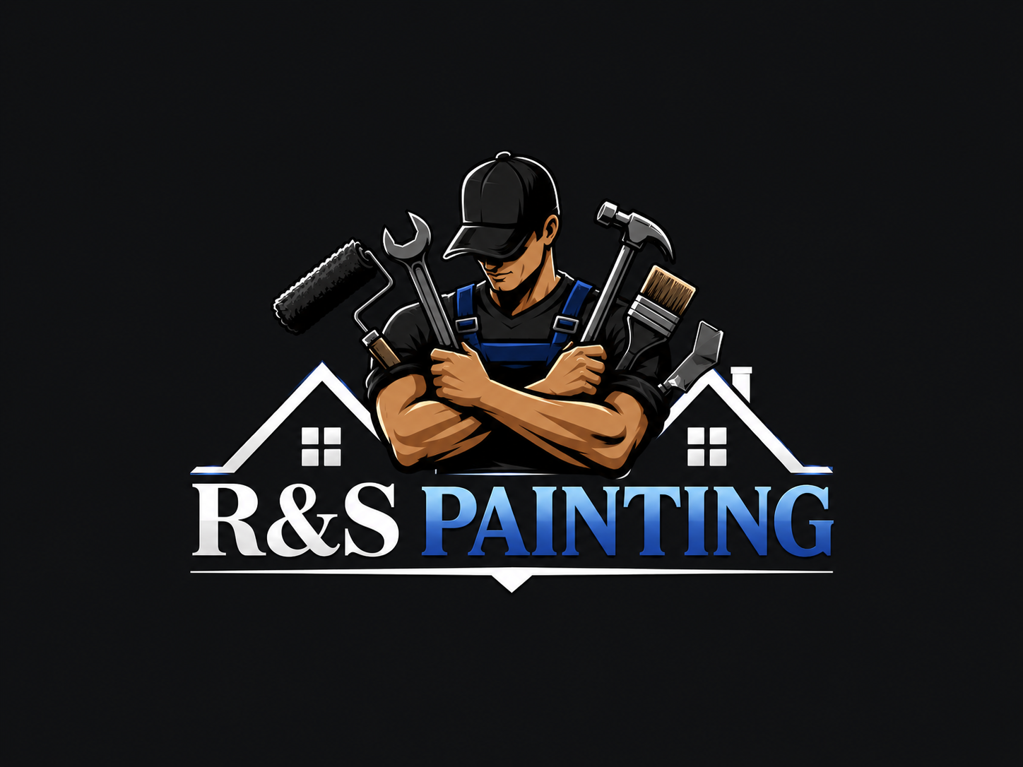 A logo for R&S Painting featuring a muscular man wearing a black cap and overalls, crossed arms, with paint tools on his back, set against a black background with house roof outlines and the name 'R&S Painting' below.