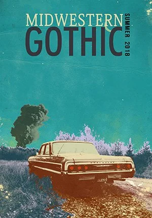 Cover for Midwestern Gothic Summer 2018 featuring a classic car driving along a rural road with a smoke cloud in the background and purple trees lining the horizon.
