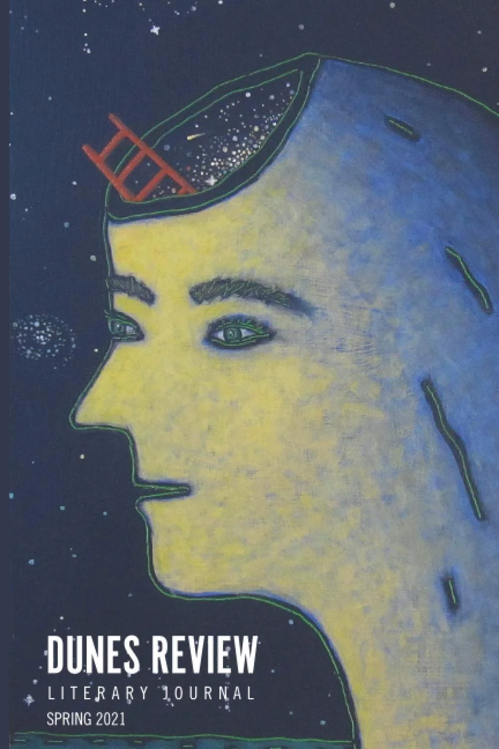 Cover of Dunes Review literary journal, spring 2021, featuring a surreal illustration of a human face in profile with an open head revealing a starry sky and a ladder.